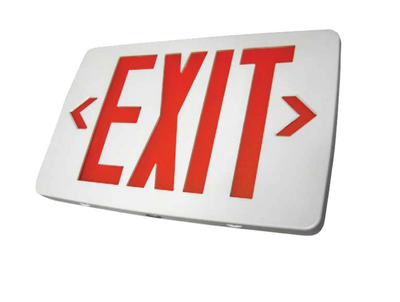 Thin Thermoplastic Exit Sign, Universal Single/Double Face, Red Lettering, White Housing