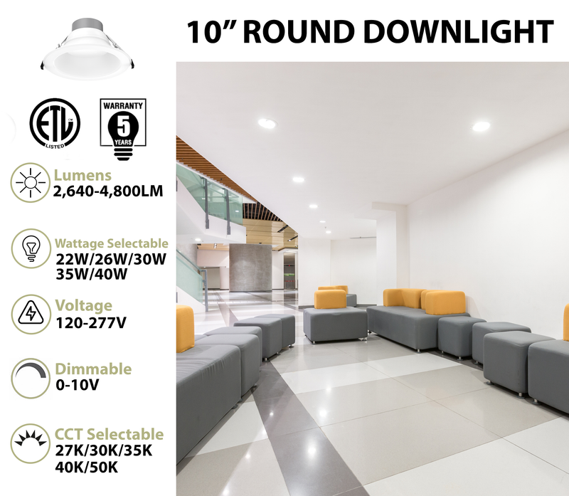 10" LED Round Commercial Downlight, 4800 Lumen Max, Wattage & CCT Selectable, 120-277V