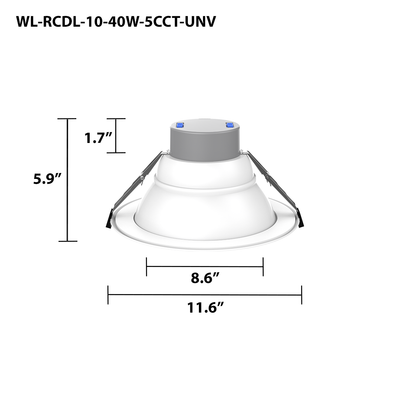 10" LED Round Commercial Downlight, 4800 Lumen Max, Wattage & CCT Selectable, 120-277V