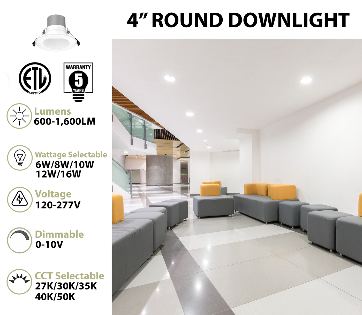 4" LED Round Commercial Downlight, 1600 Lumen Max, Wattage & CCT Selectable, 120-277V