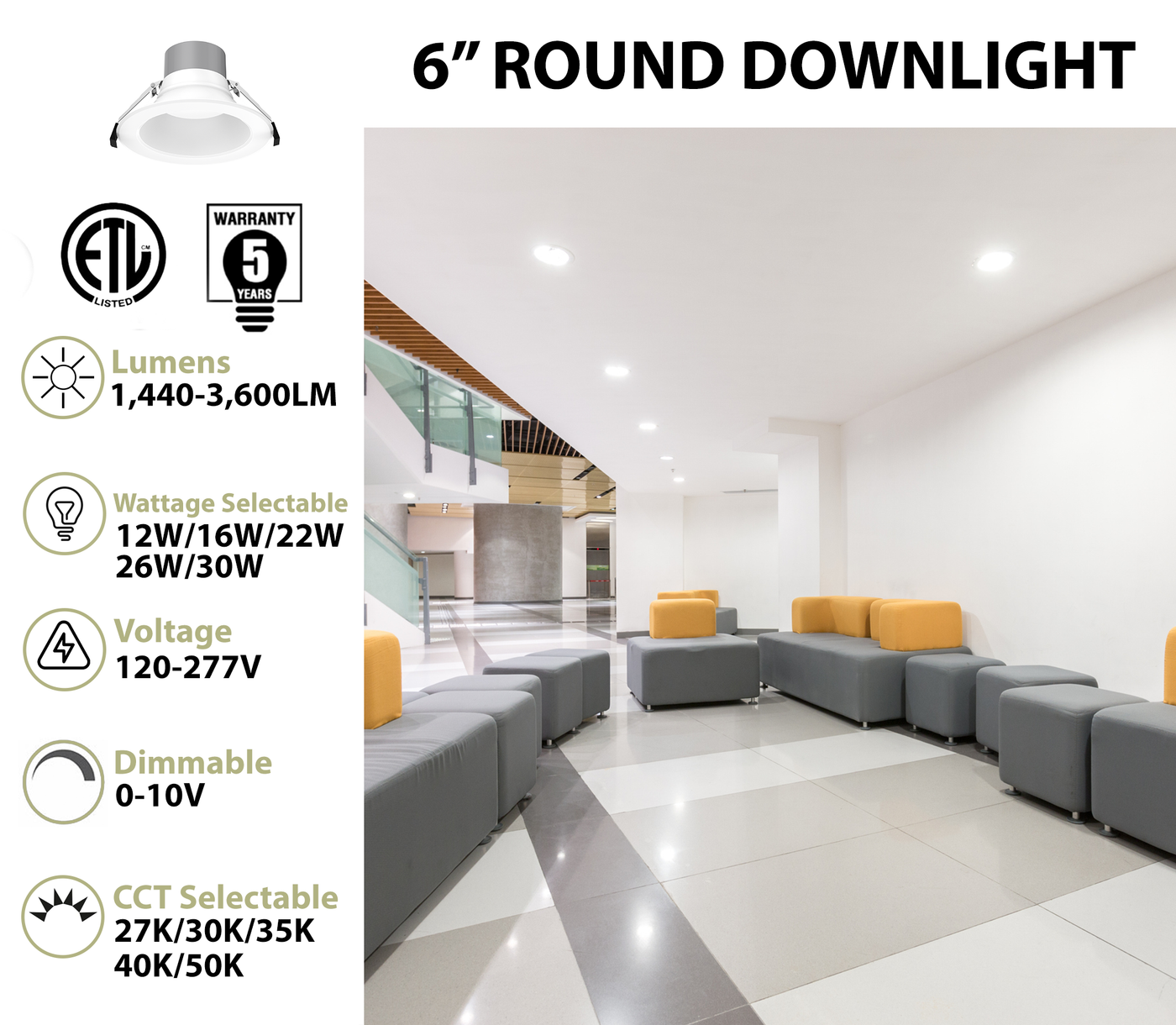 6" LED Round Commercial Downlight, 3600 Lumen Max, Wattage & CCT Selectable, 120-277V