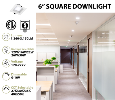 6" LED Square Commercial Downlight, 3150 Lumen Max, Wattage & CCT Selectable, 120-277V