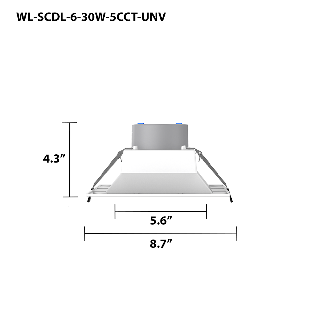 6" LED Square Commercial Downlight, 3150 Lumen Max, Wattage & CCT Selectable, 120-277V