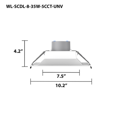 8" LED Square Commercial Downlight, 3675 Lumen Max, Wattage & CCT Selectable, 120-277V