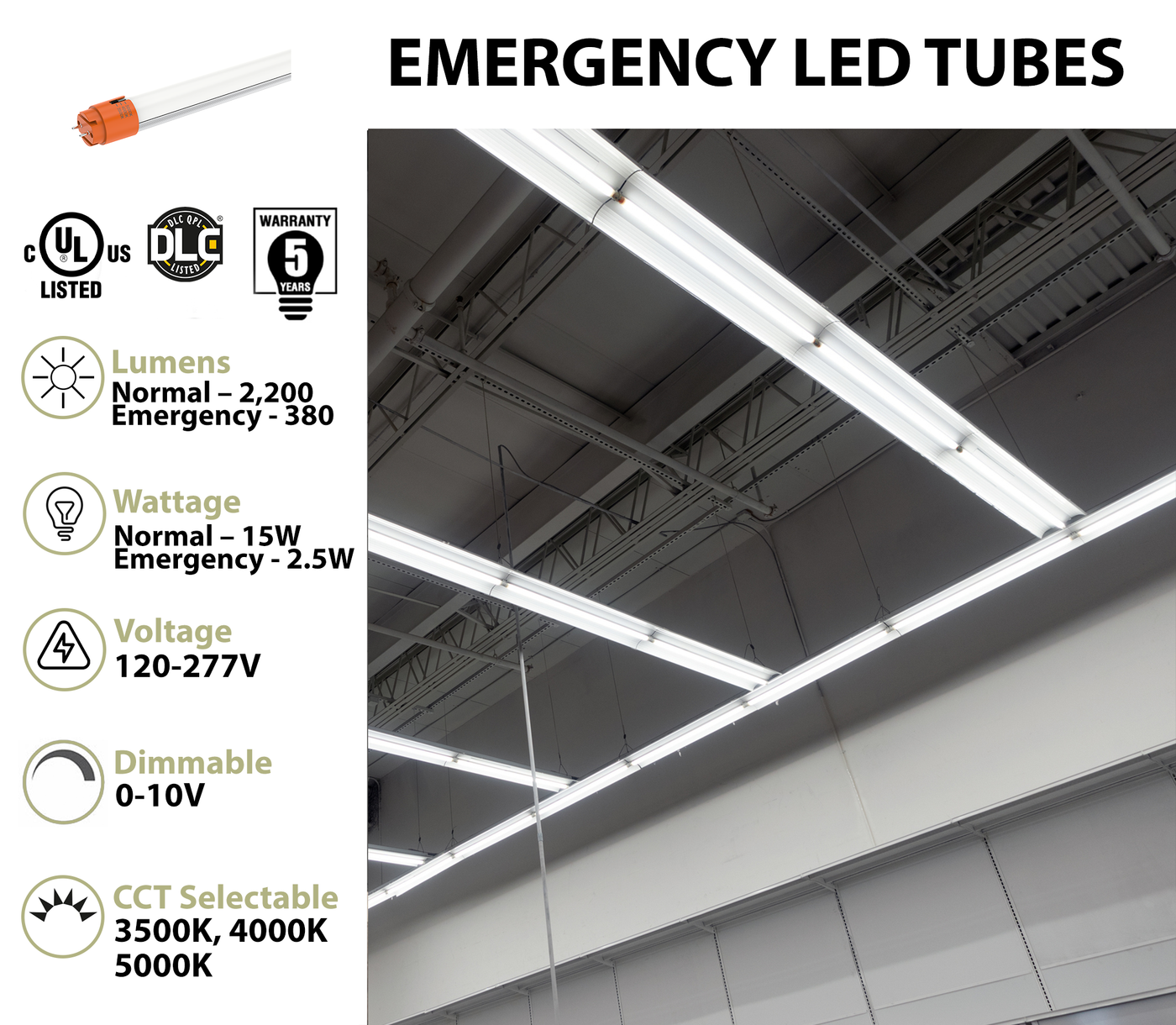 4FT Emergency LED Tube Light, 2200 Lumens, 15W, CCT Selectable, 2.5W 90 Min EMB Function w/ Test Button, 120-277V, 2 or 10 Pack