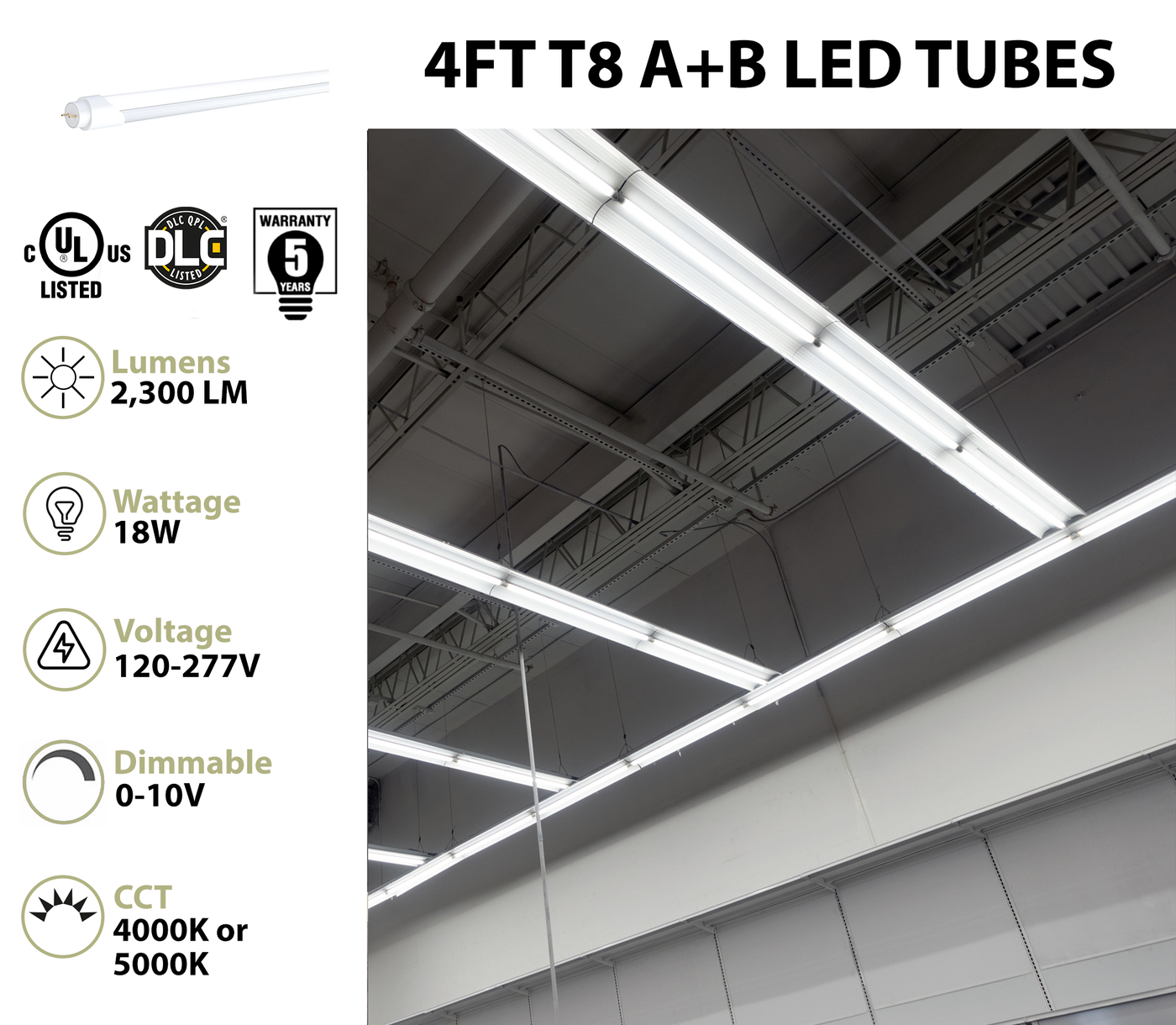 25PK 4FT LED T8 Tube Light, Type A+B Double End or Single End Power, 2300 Lumens, 18W, 4000K or 5000K, 120-277V