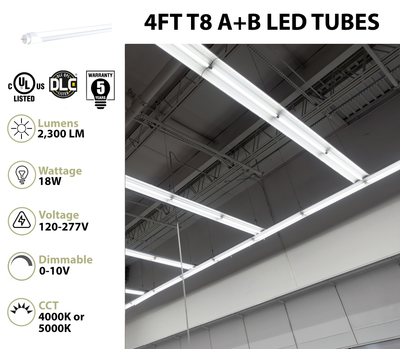 25PK 4FT LED T8 Tube Light, Type A+B Double End or Single End Power, 2300 Lumens, 18W, 4000K or 5000K, 120-277V