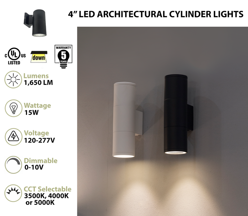 4" LED Architectural Indoor Wall Mount Cylinder Light, 1650 Lumens, 15W, CCT Selectable, 120-277V, Black or White