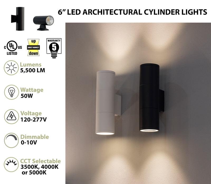 6" LED Architectural Indoor Wall Mount Cylinder Light, 5500 Lumens, 50W Direct/Indirect, CCT Selectable, 120-277V, Black or White