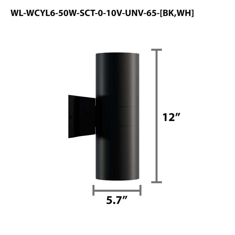 6" LED Architectural Outdoor Wall Mount Cylinder Light, 5500 Lumens, 50W Direct/Indirect, CCT Selectable, 120-277V, Black or White