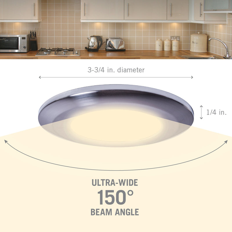 Wafer Thin Under Cabinet LED Puck Light, 3W, 12V, 250 Lumens, 3000K, Brilliant White or Chrome Finish