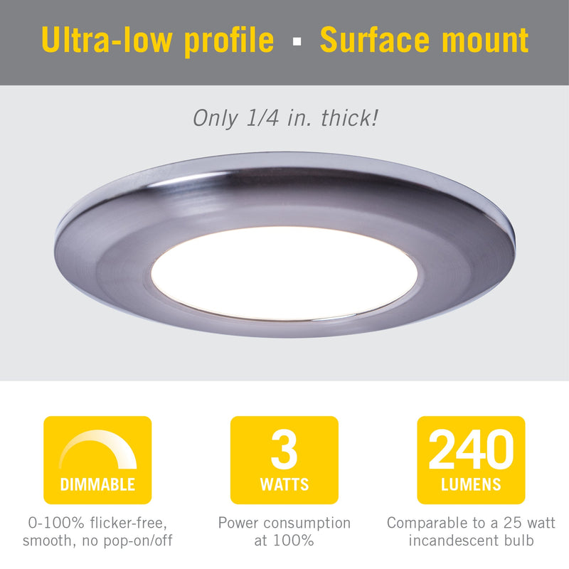 Wafer Thin Under Cabinet LED Puck Light, 3W, 12V, 250 Lumens, 3000K, Brilliant White or Chrome Finish