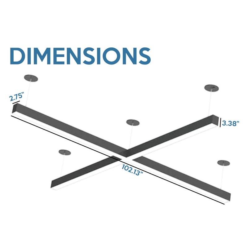 8 Foot X Pattern LED Linear Direct/Indirect Pendant Fixture, 29,900 Lumens, 260 Watt, 120-277V, 4CCT Selectable, White or Black Finish