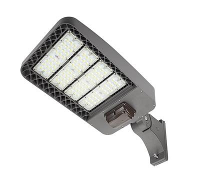 LED Shoebox Floodlight, 200 watt, 26,000 Lumens, shown with wall mount and motion sensor