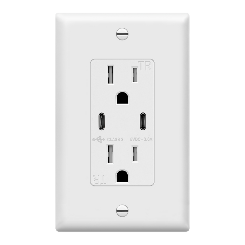 3.6A Dual USB Type C Wall Outlet Charger with 15A Tamper-Resistant Receptacle