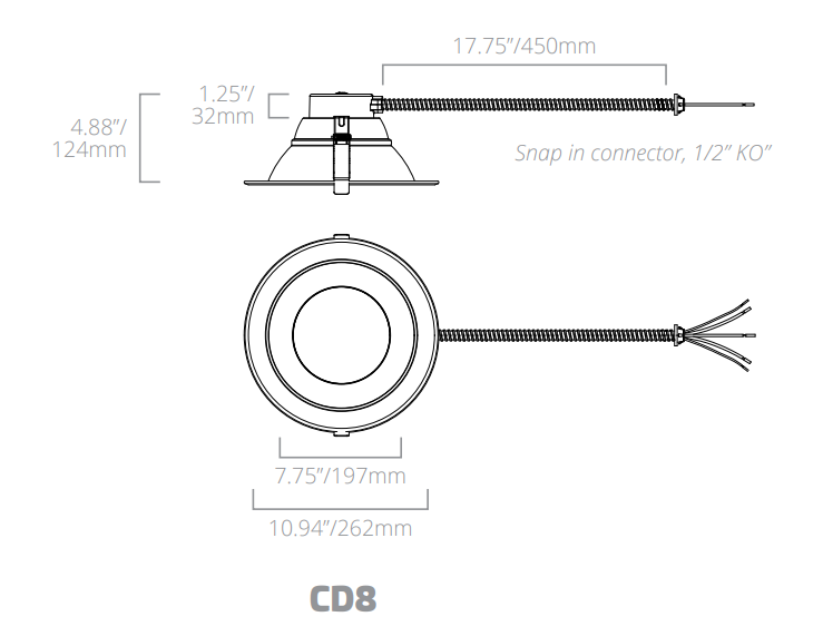 LED 8 Inch Commercial Downlight, Wattage Selectable: 12W/16W/22W, CCT Selectable: 3000K/3500K/4000K, 120-277V