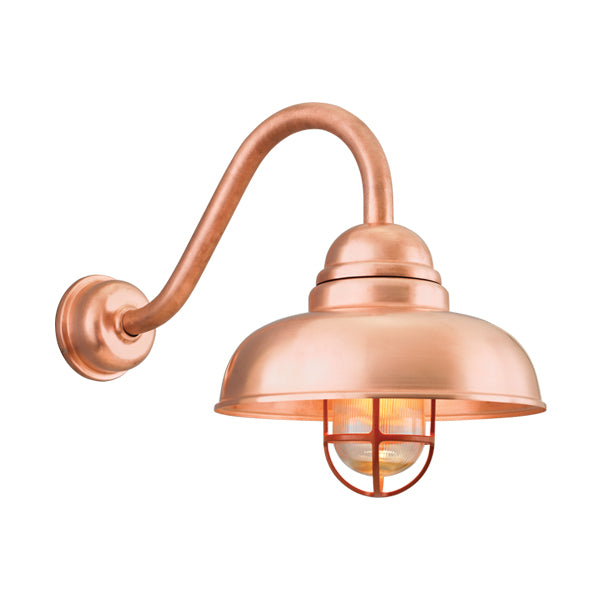 Hi-Lite 12" Oberon Shade (Metallic Copper Finish, shown w/ 14.5" B-1 goose neck arm, ribbed glass w/ cast guard and decorative wall mount cover)