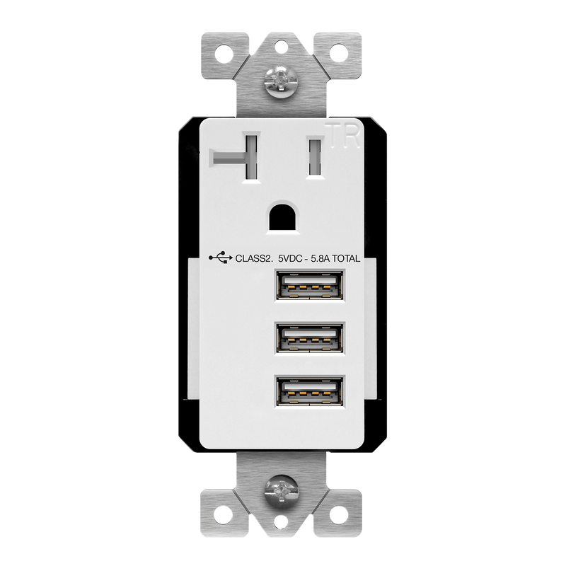 5.8A Three USB Type A Wall Outlet Charger  with Single 20A Tamper-Resistant  Receptacle