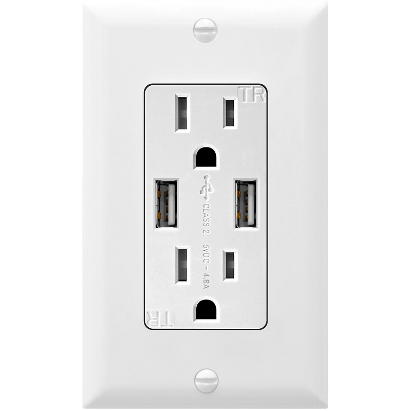 4.8A USB Dual Type A Wall Outlet Charger  with 15A Tamper-Resistant Receptacle