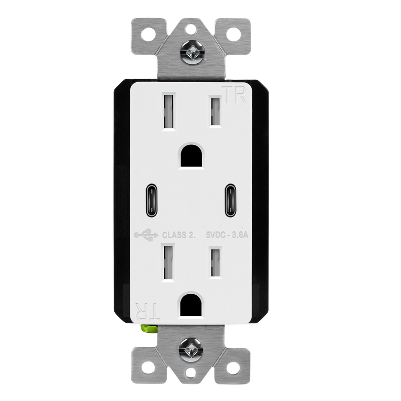 3.6A Dual USB Type C Wall Outlet Charger with 15A Tamper-Resistant Receptacle