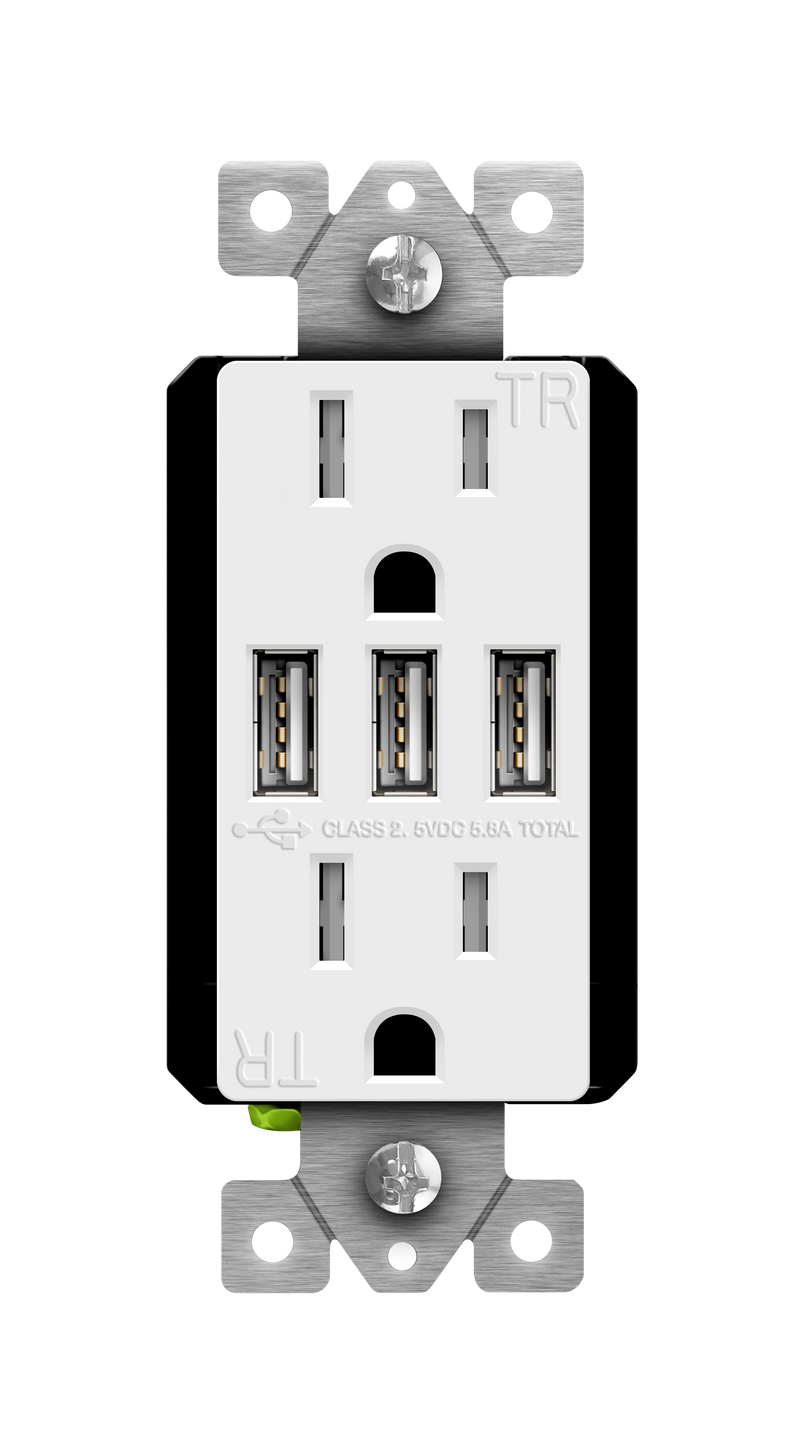 5.8A USB Three Type A Wall Outlet Charger  with 15A Tamper-Resistant Receptacle