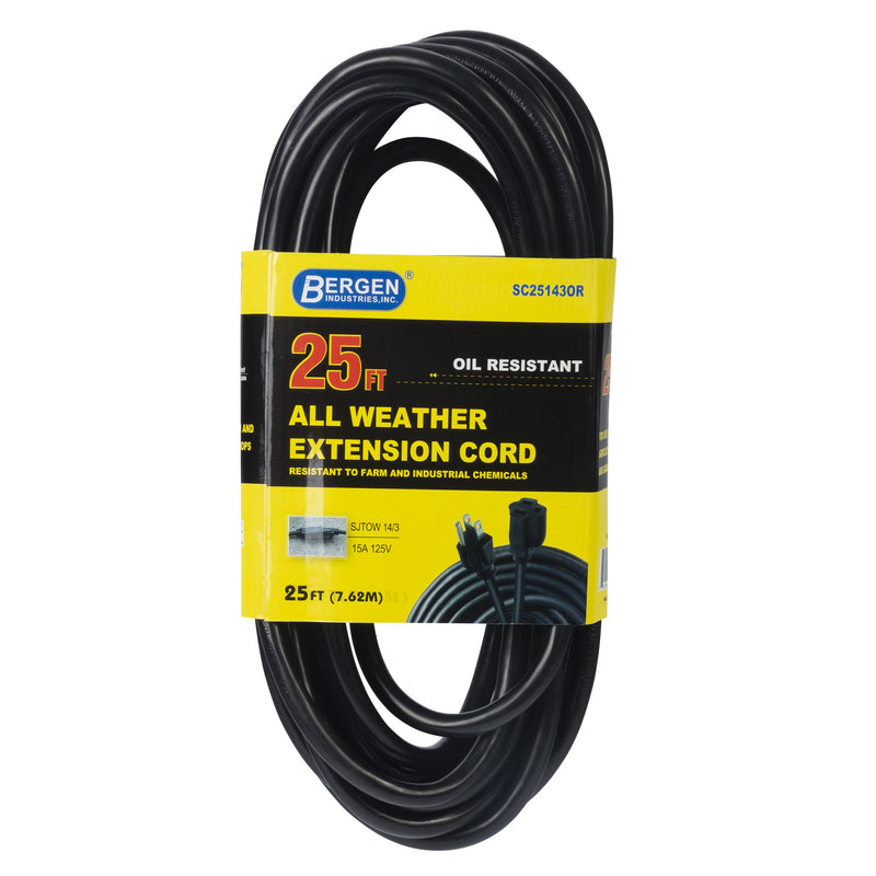 Bergen Industries SC25143OR Extension Cord 25FT. 14/3 AWG SJTOW Single outlet Oil Resistant ETL/CETL