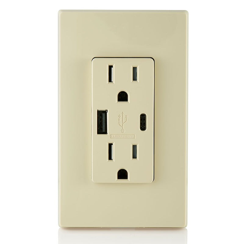 Combination Duplex Receptacle/Outlet and USB Charger. 15 Amp, 125 Volt, Decora Tamper-Resistant Receptacle/Outlet, Back Wired - Ivory