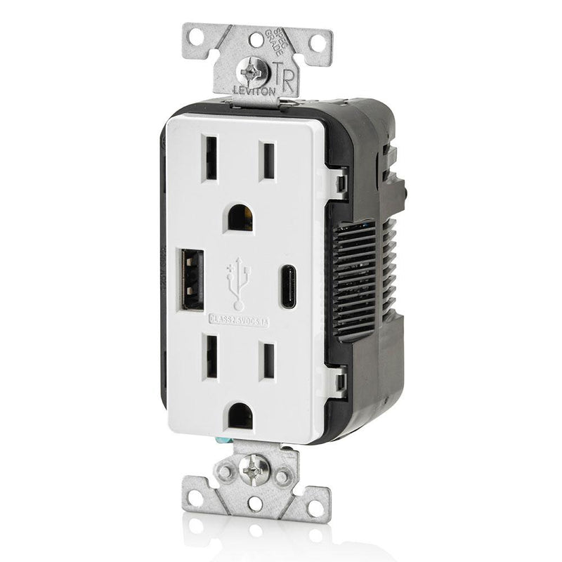 Combination Duplex Receptacle/Outlet and USB Charger. 15 Amp, 125 Volt, Decora Tamper-Resistant Receptacle/Outlet, Back Wired - White