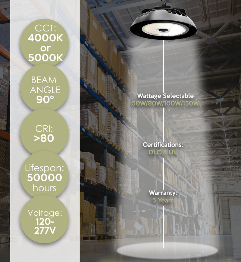 Westgate LED High Lumen UFO Highbay, 50W/80W/100W/150W, 120V-277V, 4000K