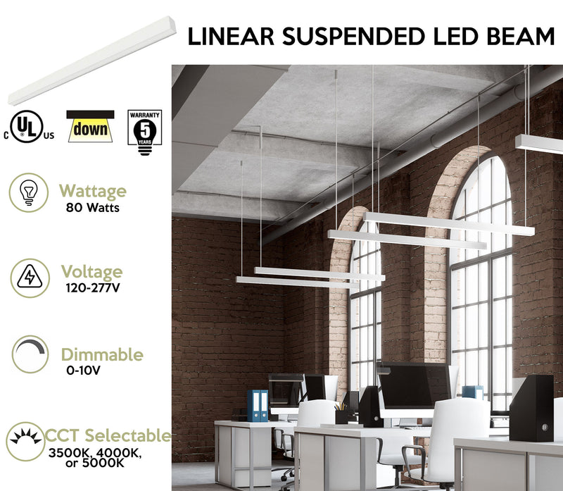 8 FT Linear Suspended LED Beam, 9200 Lumen Max, 80W, CCT Selectable, 0-10V Dimmable, 120-277V, Transparent Frosted Housing, Power Feed Cable Included