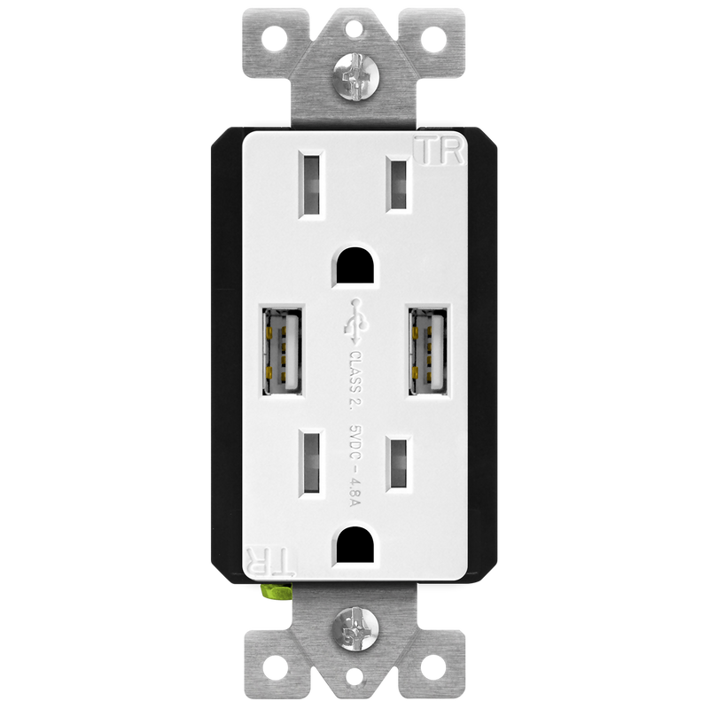 4.8A USB Dual Type A Wall Outlet Charger  with 15A Tamper-Resistant Receptacle